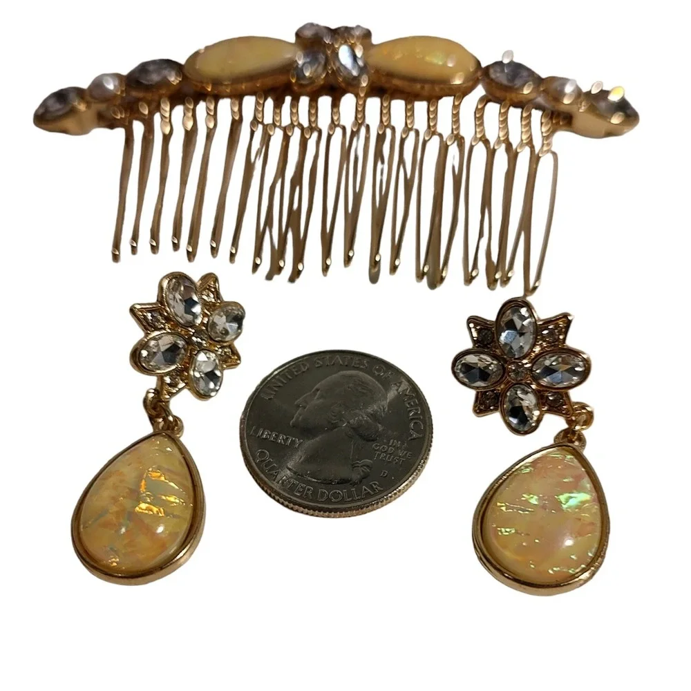 Avon Hair Comb Matching Earrings Faux Opal Rhinestone Set 2014 Granny‎ Core